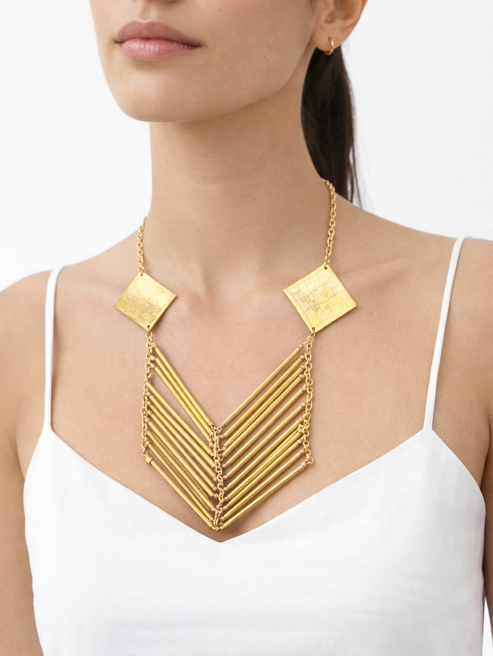 Vintage Gold Tone Modernist Geometric Fringe Statement Necklace Minimalist Art